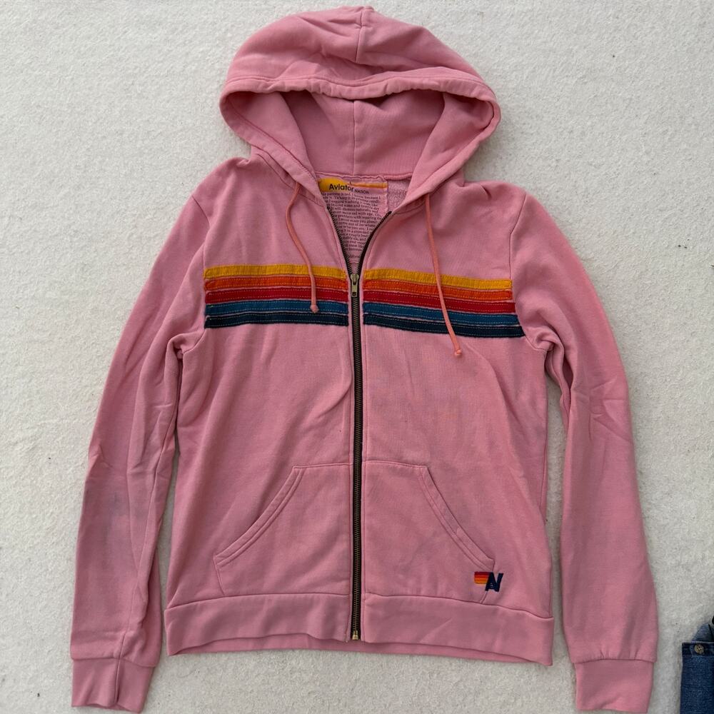Aviator Nation Zip Up Hoodie Women's Size L Pink 5 Stripe Drawstring Sweatshirt